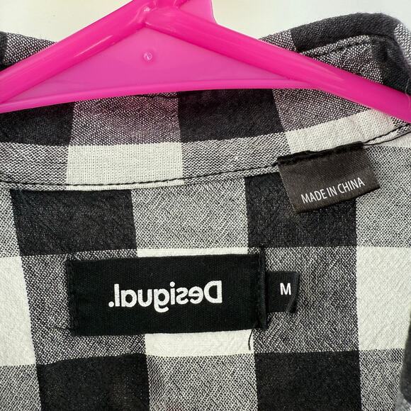Desigual Shirt Women's Size Medium 'Vive' Patchwork Plaid Long Sleeve Cotton B&W - Picture 5 of 16